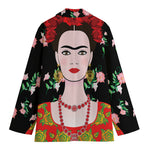 Frida Kahlo And Pink Flower Print Women's Cotton Blazer