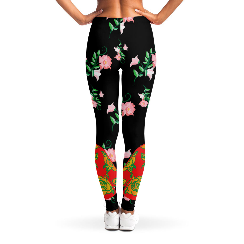 Frida Kahlo And Pink Flower Print Women's Leggings