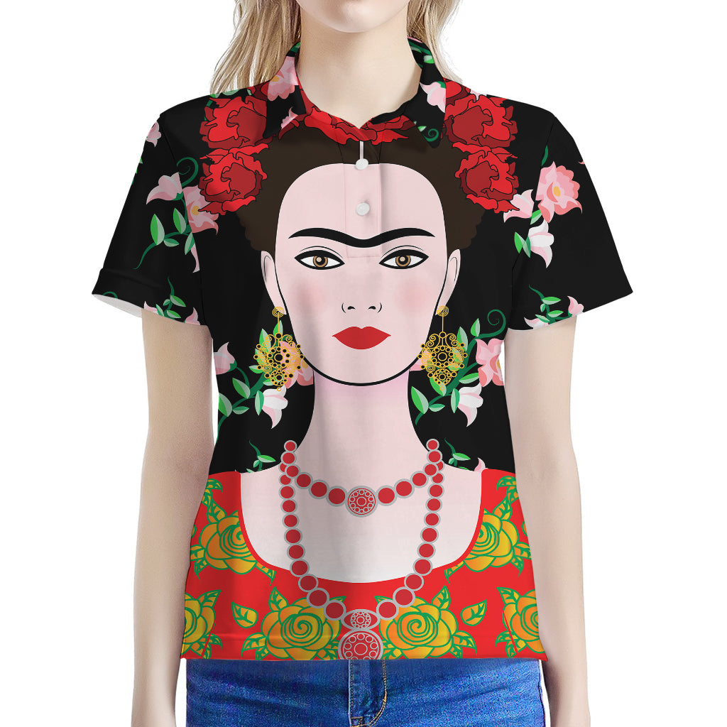 Frida Kahlo And Pink Flower Print Women's Polo Shirt