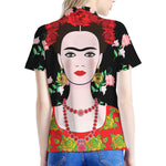 Frida Kahlo And Pink Flower Print Women's Polo Shirt