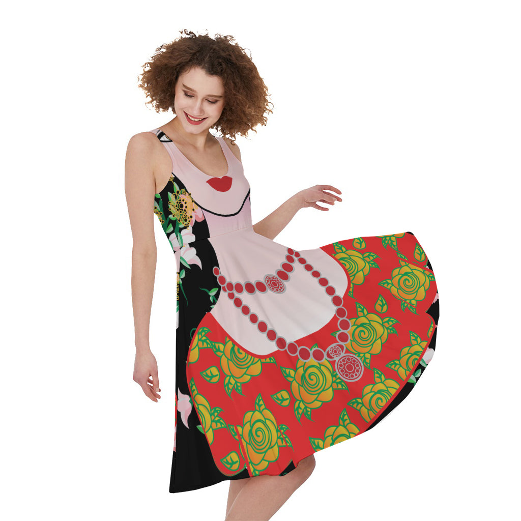 Frida Kahlo And Pink Flower Print Women's Sleeveless Dress