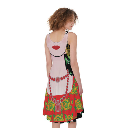 Frida Kahlo And Pink Flower Print Women's Sleeveless Dress