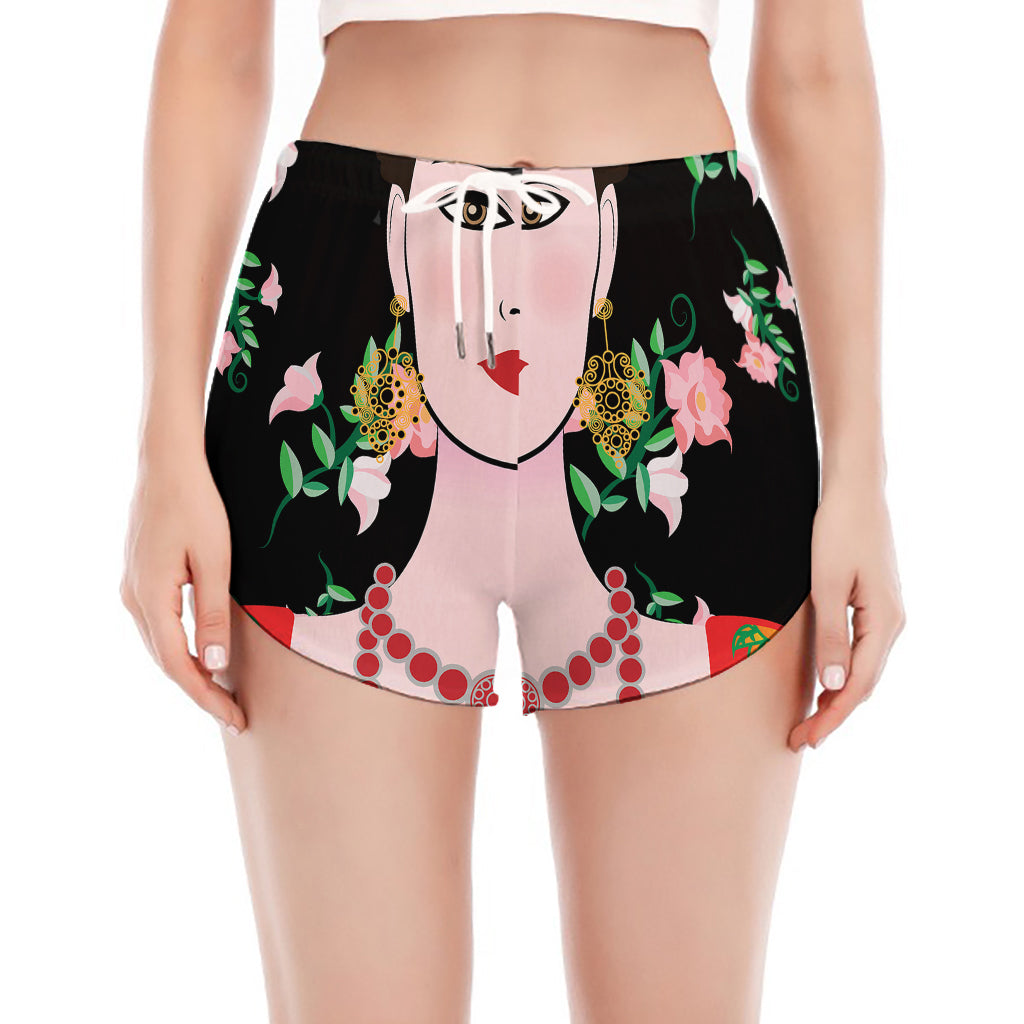 Frida Kahlo And Pink Flower Print Women's Split Running Shorts