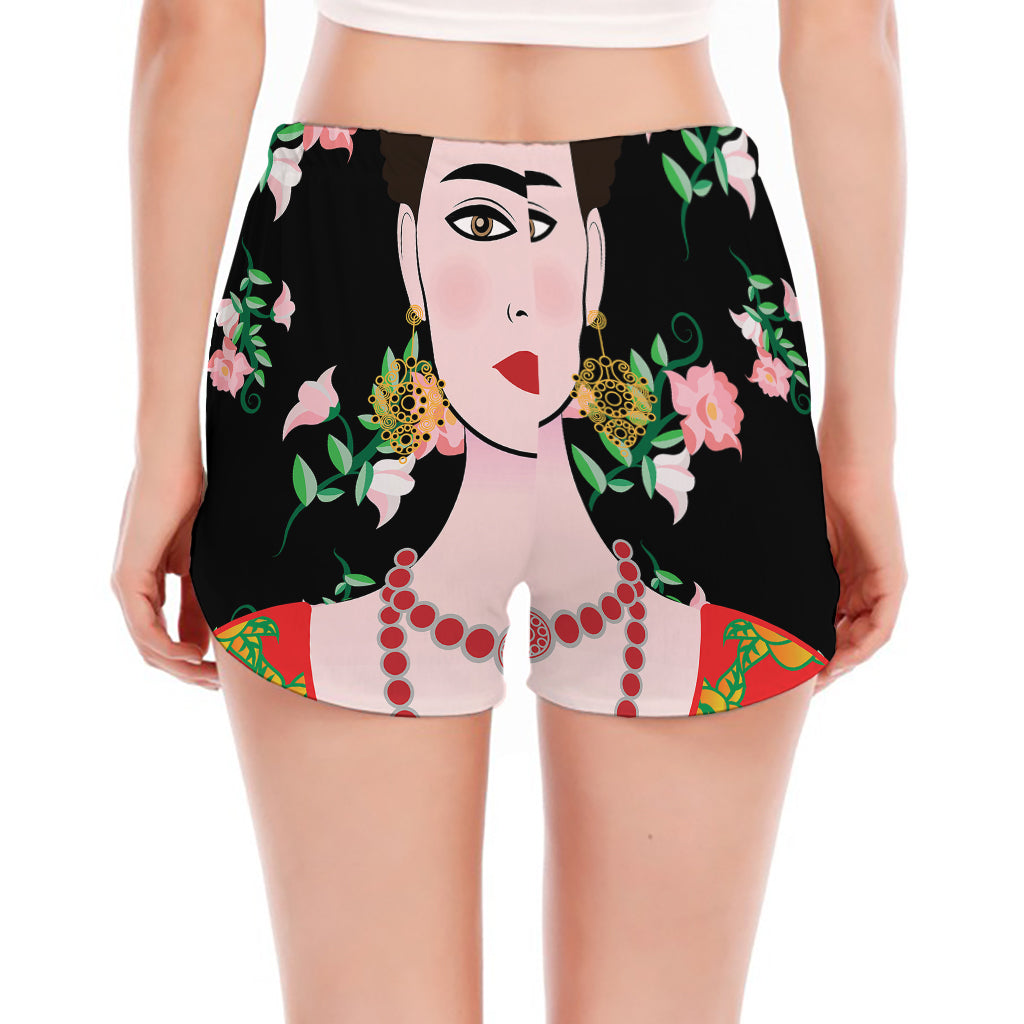 Frida Kahlo And Pink Flower Print Women's Split Running Shorts