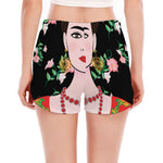 Frida Kahlo And Pink Flower Print Women's Split Running Shorts