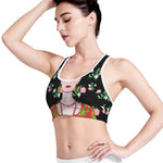 Frida Kahlo And Pink Flower Print Women's Sports Bra
