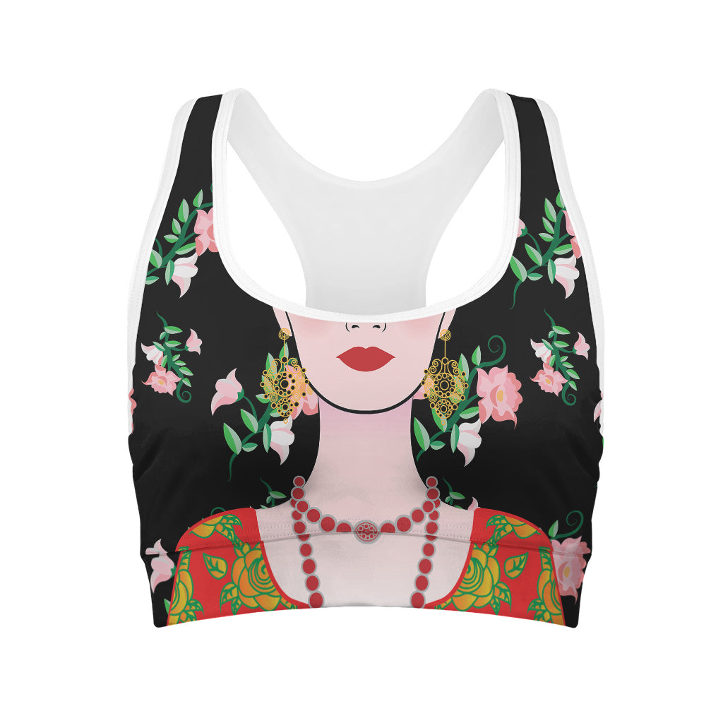 Frida Kahlo And Pink Flower Print Women's Sports Bra