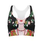 Frida Kahlo And Pink Flower Print Women's Sports Bra