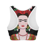 Frida Kahlo And Pink Flower Print Women's Sports Bra