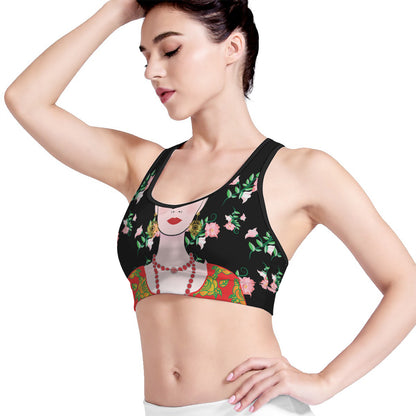 Frida Kahlo And Pink Flower Print Women's Sports Bra