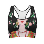 Frida Kahlo And Pink Flower Print Women's Sports Bra