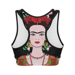 Frida Kahlo And Pink Flower Print Women's Sports Bra