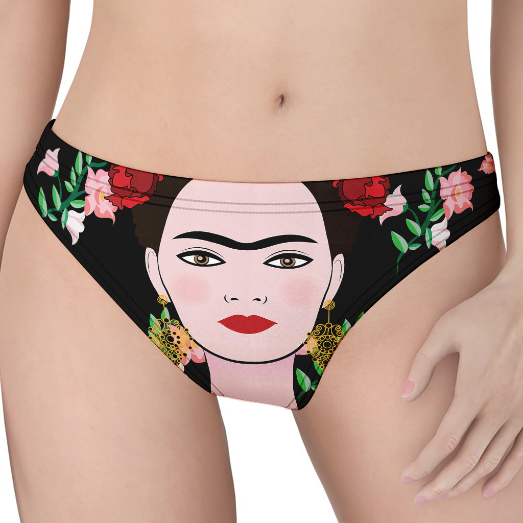 Frida Kahlo And Pink Flower Print Women's Thong