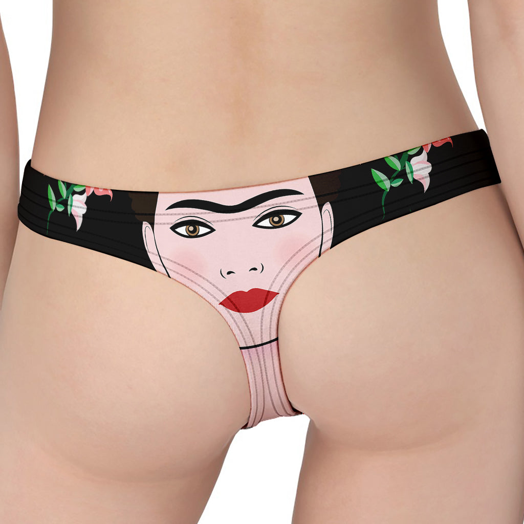 Frida Kahlo And Pink Flower Print Women's Thong