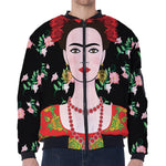 Frida Kahlo And Pink Flower Print Zip Sleeve Bomber Jacket