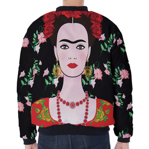 Frida Kahlo And Pink Flower Print Zip Sleeve Bomber Jacket