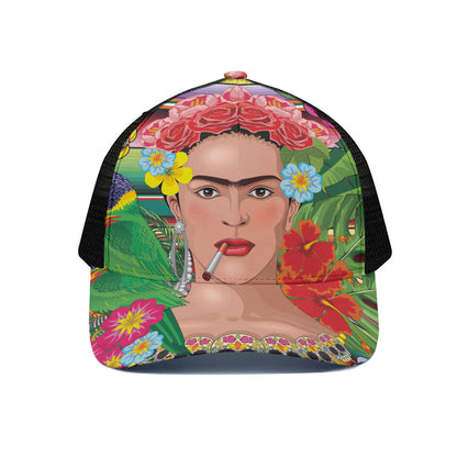 Frida Kahlo Serape Print Black Mesh Trucker Cap