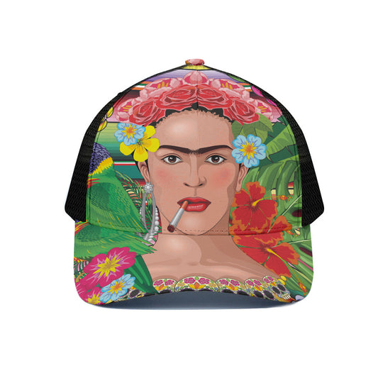 Frida Kahlo Serape Print Black Mesh Trucker Cap