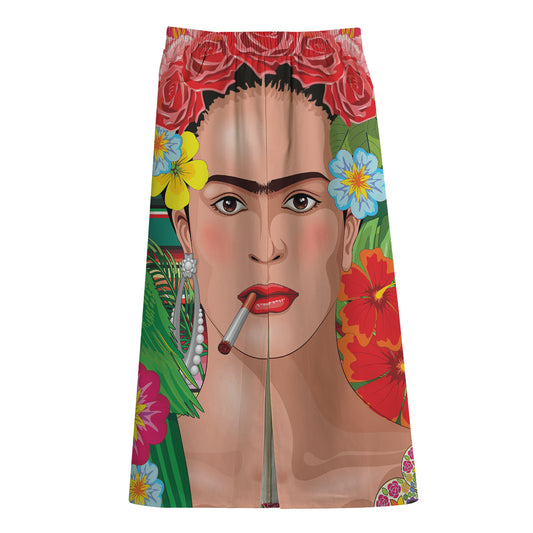 Frida Kahlo Serape Print Cotton Front Slit Maxi Skirt