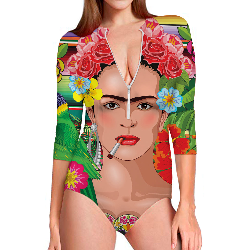 Frida Kahlo Serape Print Long Sleeve Swimsuit