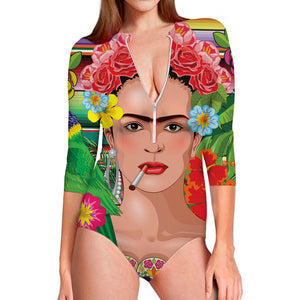 Frida Kahlo Serape Print Long Sleeve Swimsuit GearFrost