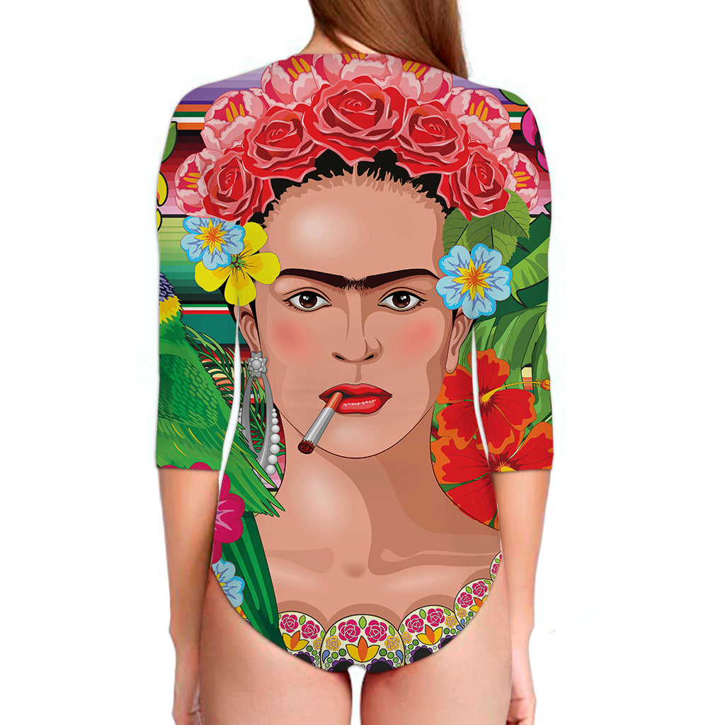 Frida Kahlo Serape Print Long Sleeve Swimsuit GearFrost