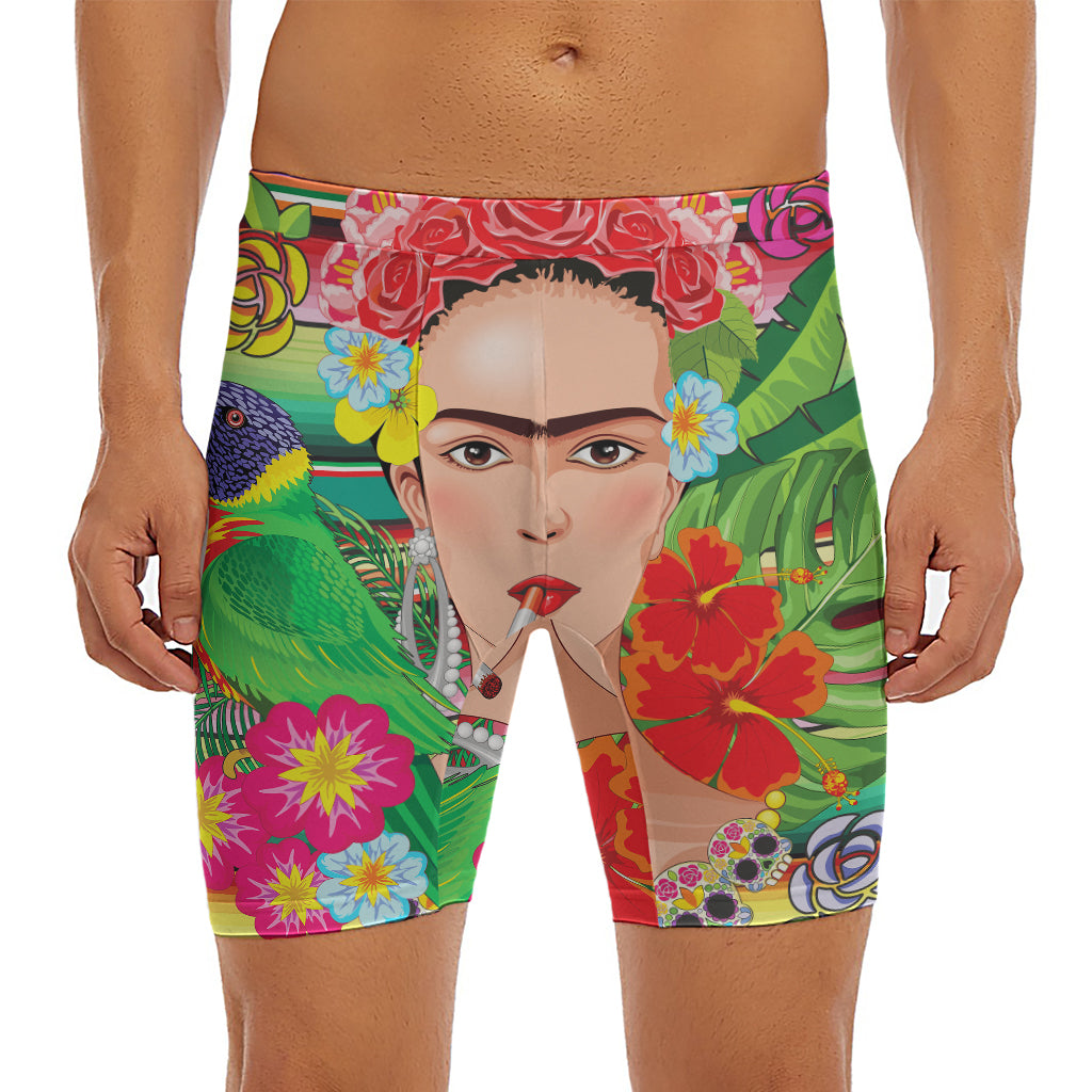 Frida Kahlo Serape Print Men's Long Boxer Briefs