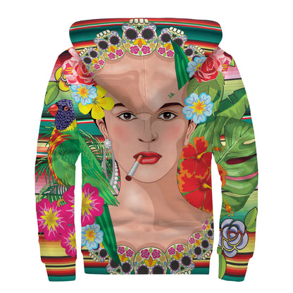 Frida Kahlo Serape Print Sherpa Lined Zip Up Hoodie