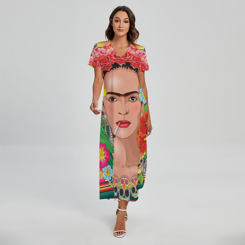Frida Kahlo Serape Print Short Sleeve Maxi Dress