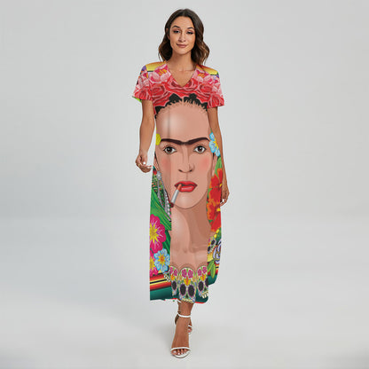 Frida Kahlo Serape Print Short Sleeve Maxi Dress