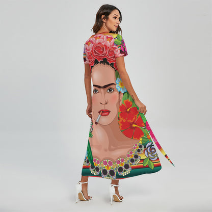 Frida Kahlo Serape Print Short Sleeve Maxi Dress