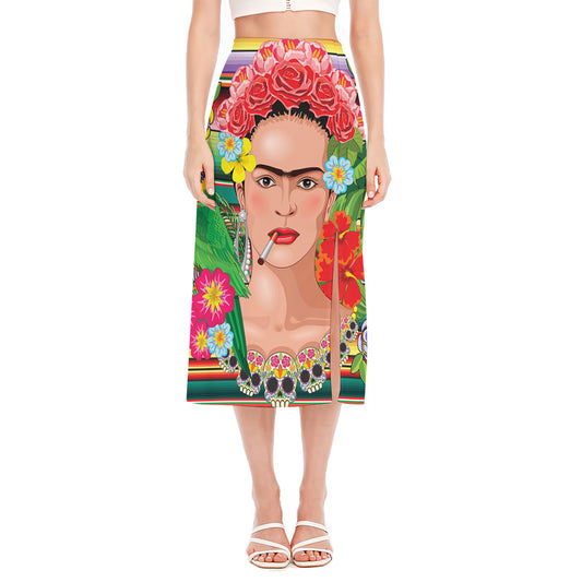 Frida Kahlo Serape Print Side Slit Midi Skirt
