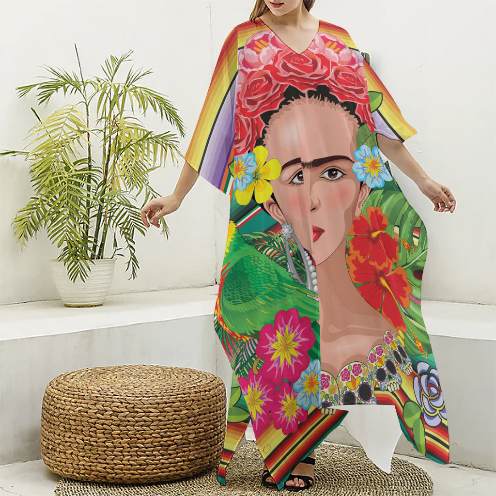 Frida Kahlo Serape Print Silk V-Neck Kaftan Dress