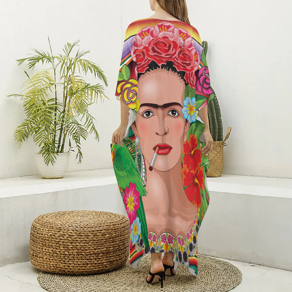 Frida Kahlo Serape Print Silk V-Neck Kaftan Dress