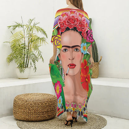 Frida Kahlo Serape Print Silk V-Neck Kaftan Dress