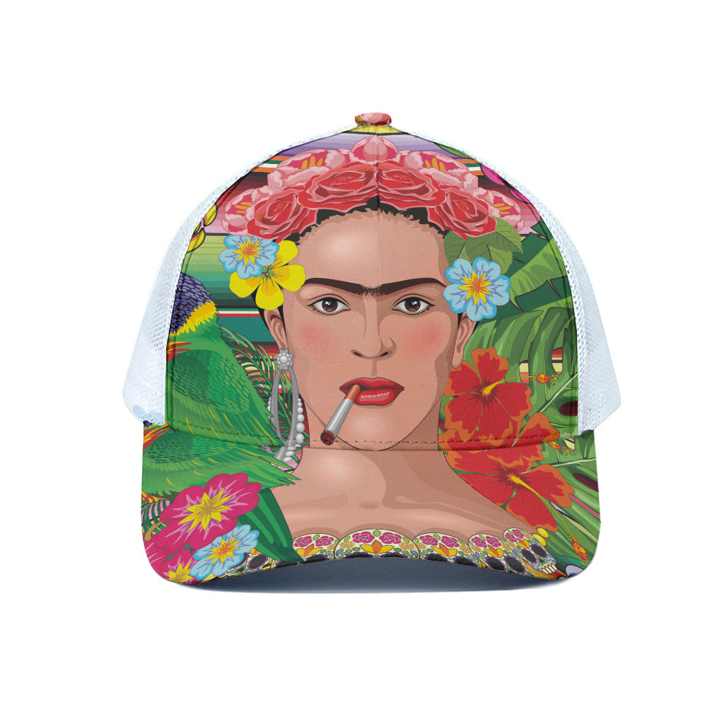 Frida Kahlo Serape Print White Mesh Trucker Cap