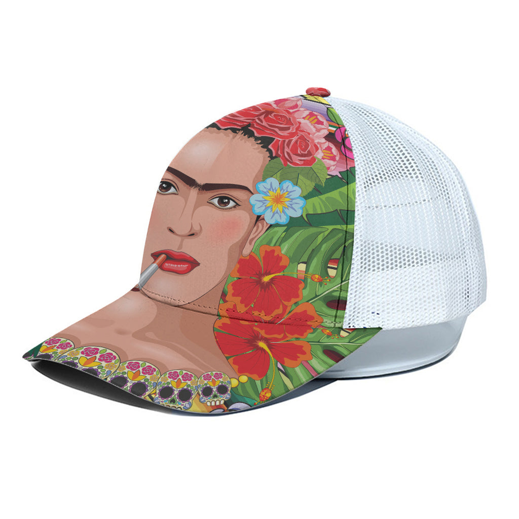 Frida Kahlo Serape Print White Mesh Trucker Cap