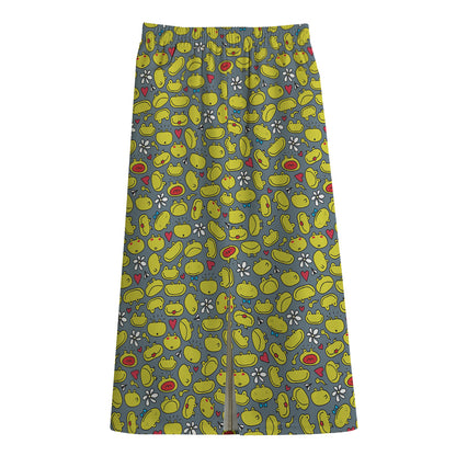 Frog Faces Pattern Print Cotton Front Slit Maxi Skirt