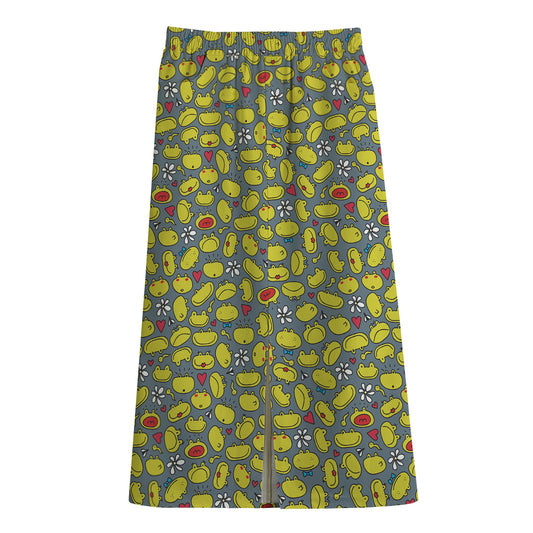Frog Faces Pattern Print Cotton Front Slit Maxi Skirt