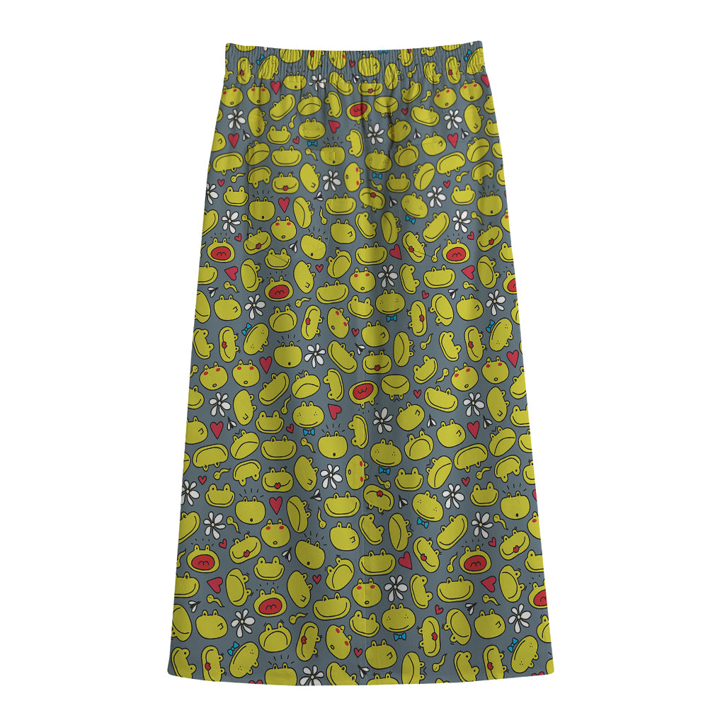 Frog Faces Pattern Print Cotton Front Slit Maxi Skirt