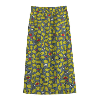 Frog Faces Pattern Print Cotton Front Slit Maxi Skirt