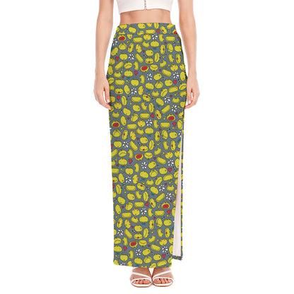 Frog Faces Pattern Print High Slit Maxi Skirt