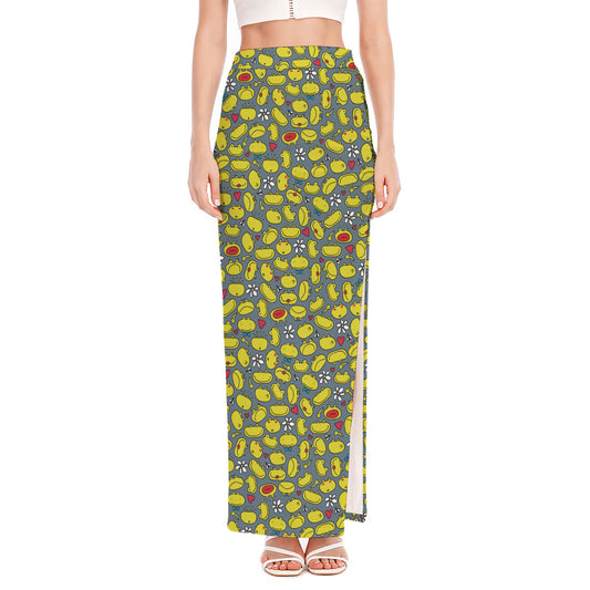 Frog Faces Pattern Print High Slit Maxi Skirt