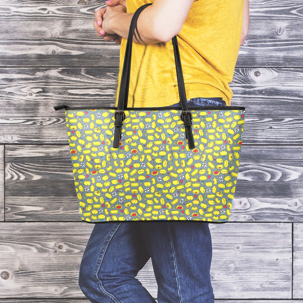 Frog Faces Pattern Print Leather Tote Bag