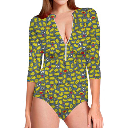 Frog Faces Pattern Print Long Sleeve Swimsuit