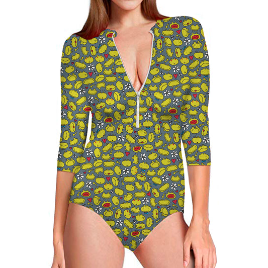 Frog Faces Pattern Print Long Sleeve Swimsuit