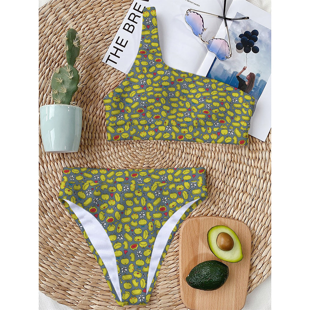 Frog Faces Pattern Print One Shoulder Bikini Top