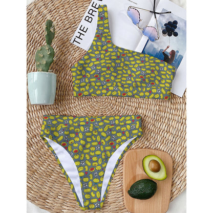 Frog Faces Pattern Print One Shoulder Bikini Top