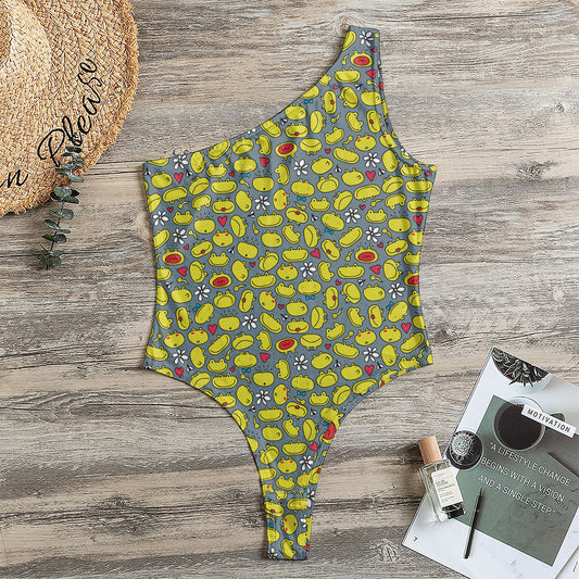 Frog Faces Pattern Print One Shoulder Bodysuit
