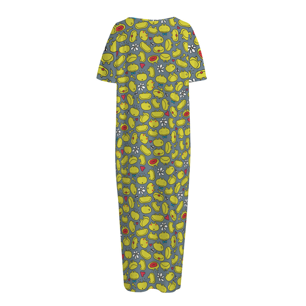 Frog Faces Pattern Print Short Sleeve Long Nightdress